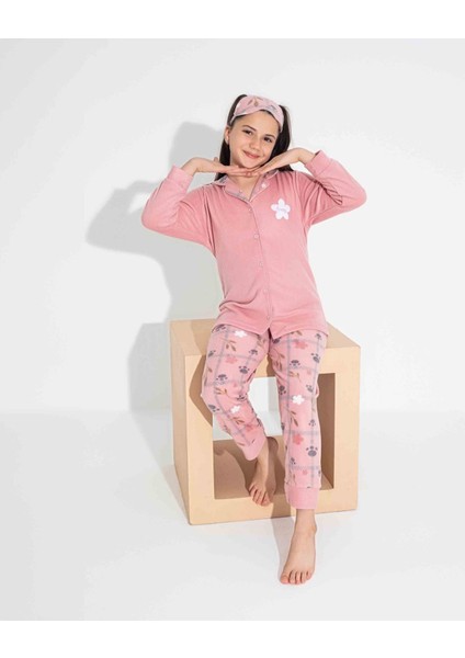 Tarp Pembe Önden Düğmeli Polar Kız Çocuk Pijama Takımı 4-15 Yaş 2700-2701-2702-P