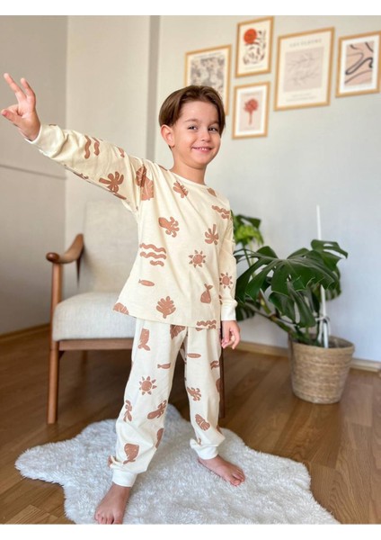 Kçkp Palmiye Desenli Ekru %100 Pamuk Erkek Çocuk Pijama Takımı 3-10 Yaş 3111-E