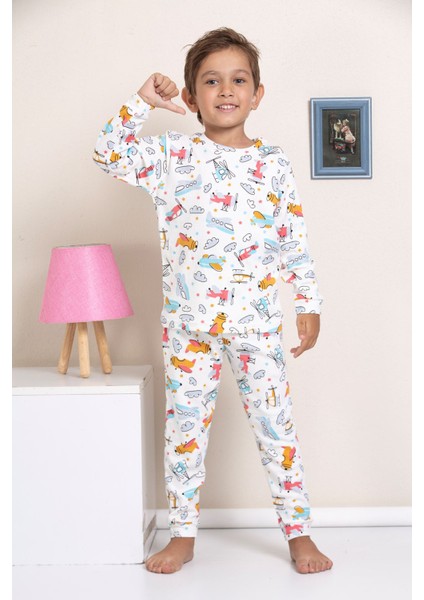 Elmp Ekru Helikopter Desenli Fitilli Kumaş %100 Pamuk Erkek Çocuk Pijama Takımı 1-13 Yaş 3051