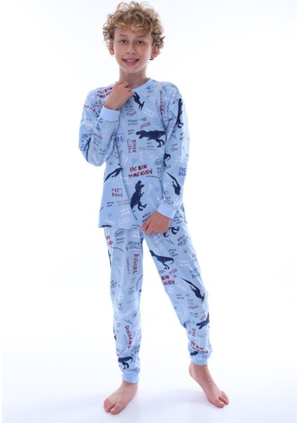 Isob Mavi Dinazor Desenli %100 Pamuk Erkek Çocuk Pijama Takımı 8-13 Yaş 36205-M