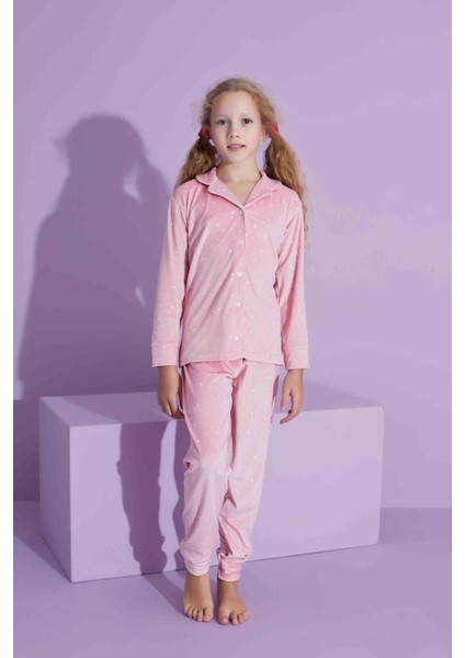 Tarp Pembe Kadife Önden Düğmeli Kız Çocuk Pijama Takımı 5-15 Yaş 2791-2792-P