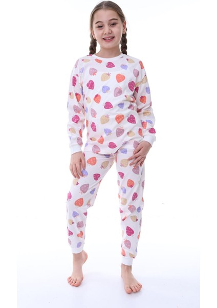 Isob Ekru Çilek Desenli %100 Pamuk Kız Çocuk Pijama Takımı 3-13 Yaş 31232-E