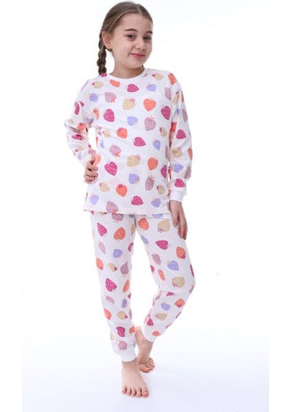 Isob Ekru Çilek Desenli %100 Pamuk Kız Çocuk Pijama Takımı 3-13 Yaş 31232-E fiyatları