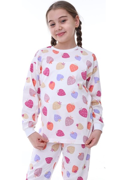 Isob Ekru Çilek Desenli %100 Pamuk Kız Çocuk Pijama Takımı 3-13 Yaş 31232-E modelleri