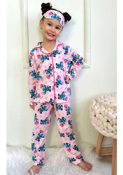 Pjkö Stitch Desenli Pembe Uzun Kollu Önden Düğmeli Kız Çocuk Pijama Takımı 4-12 Yaş 719U