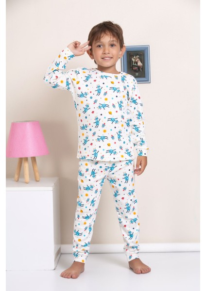 Elmp Ekru Robot Desenli Fitilli Kumaş %100 Pamuk Erkek Çocuk Pijama Takımı 1-13 Yaş 3052