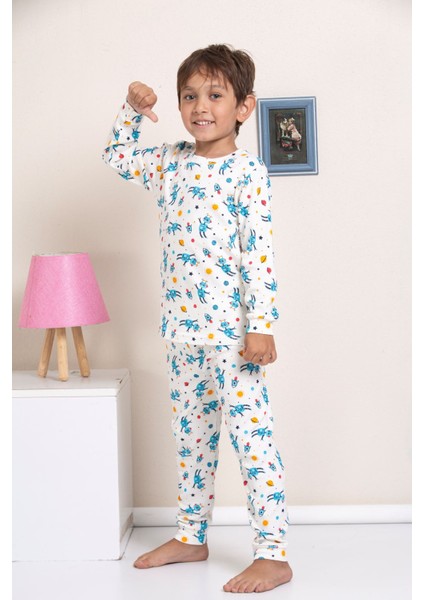 Elmp Ekru Robot Desenli Fitilli Kumaş %100 Pamuk Erkek Çocuk Pijama Takımı 1-13 Yaş 3052