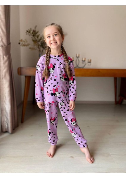 Isob Lila Minnie Mause Desenli Fitilli Kumaş %100 Pamuk Kız Çocuk Pijama Takımı 3-8 Yaş 31219-L