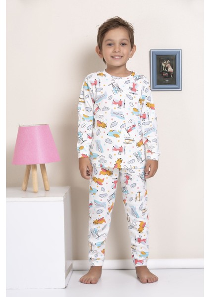 Elmp Ekru Helikopter Desenli Fitilli Kumaş %100 Pamuk Erkek Çocuk Pijama Takımı 1-13 Yaş 3051