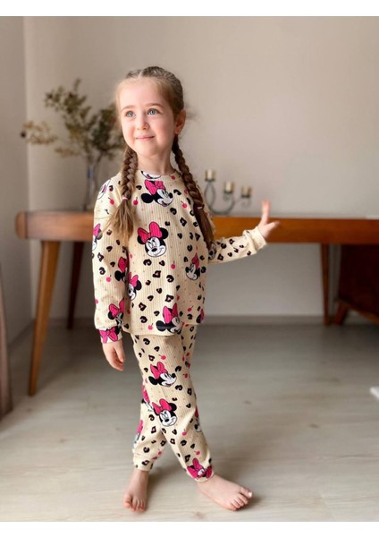 Isob Bej Minnie Mause Desenli Fitilli Kumaş %100 Pamuk Kız Çocuk Pijama Takımı 3-8 Yaş 31219-B