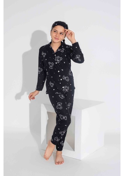 Tarp Siyah Süet Önden Düğmeli Kız Çocuk Pijama Takımı 5-9 Yaş 2723-9-S