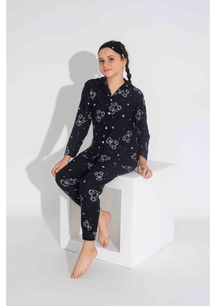 Tarp Siyah Süet Önden Düğmeli Kız Çocuk Pijama Takımı 5-9 Yaş 2723-9-S