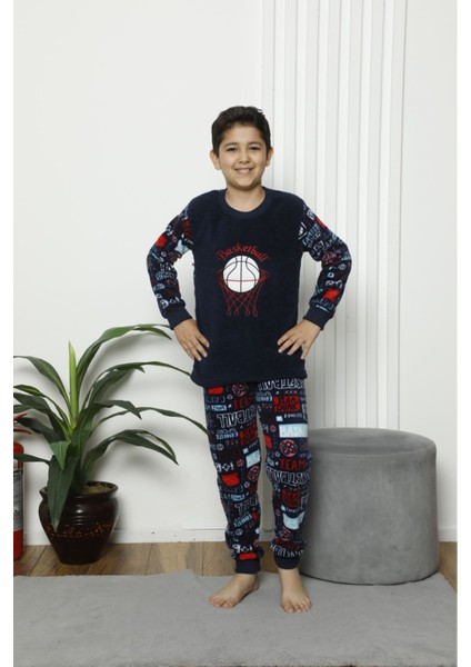Minim Lacivert Basketbol Nakışlı Polar Erkek Çocuk Pijama Takımı 5-16 Yaş 4236-L