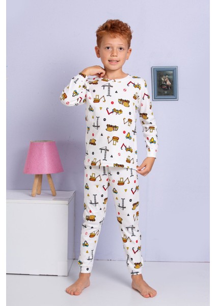 Elmp Ekru Iş Makinesi Desenli %100 Pamuk Erkek Çocuk Pijama Takımı 1-13 Yaş 3058