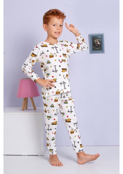 Elmp Ekru Iş Makinesi Desenli %100 Pamuk Erkek Çocuk Pijama Takımı 1-13 Yaş 3058