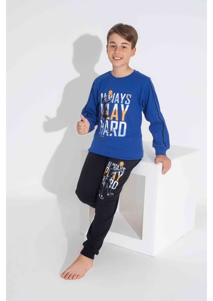 Tarp Mavi Basketbol Baskılı Interlok Erkek Çocuk Pijama Takımı 3-11 Yaş 3734-3735-M