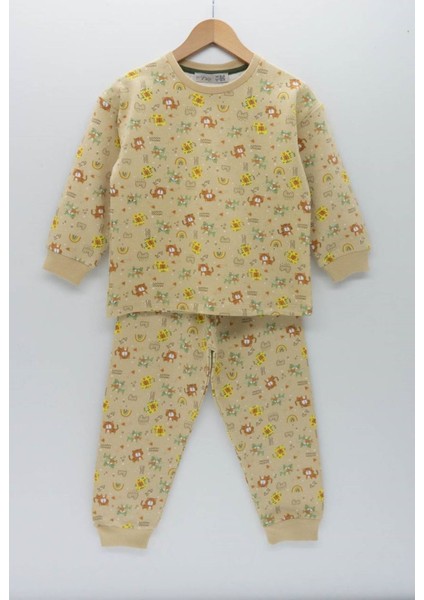Isob Kedicik Desen Bej 2ip Fırçalı Kumaş %100 Pamuk Unisex Çocuk Pijama Takımı 3-8 Yaş 12213-B