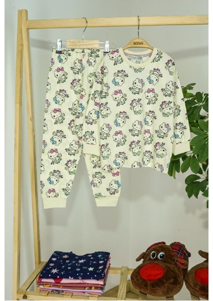 Isob Ekru Hello Kity Desenli %100 Pamuk Kız Çocuk Pijama Takımı 3-12 Yaş 11211-E