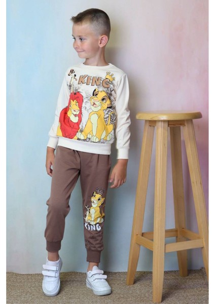 Pjk2i Lion King Desenli Kahverengi 2 Ip %100 Pamuk Erkek Çocuk Eşofman Takımı 3-10 Yaş 7244-K