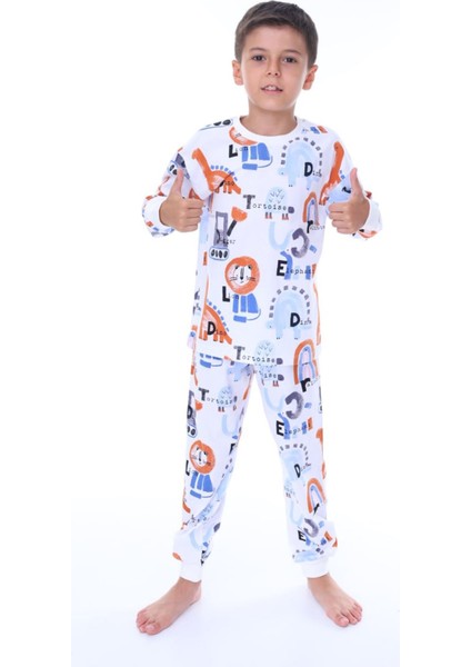 Isob Beyaz Dinozor Desenli %100 Pamuk Erkek Çocuk Pijama Takımı 3-8 Yaş 32207-B