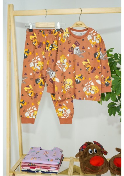 Isob Kahverengi Tweety Desenli %100 Pamuk Kız Çocuk Pijama Takımı 8-12 Yaş 11309-K