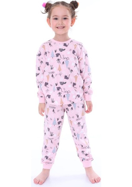 Isob Pembe Kedi Desenli %100 Pamuk Kız Çocuk Pijama Takımı 3-8 Yaş 31212-P