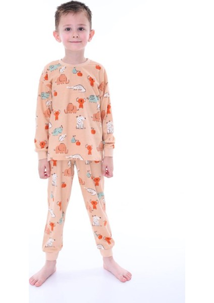 Isob Kahverengi Hayvanlar Alemi Desenli %100 Pamuk Erkek Çocuk Pijama Takımı 3-8 Yaş 32222-K