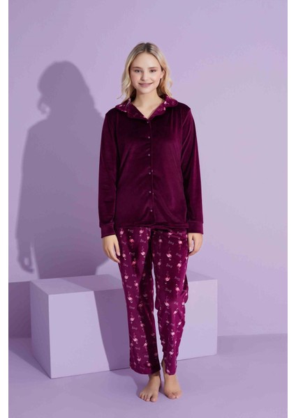 Tarp Bordo Kadife Önden Düğmeli Anne Pijama Takımı 6429-B