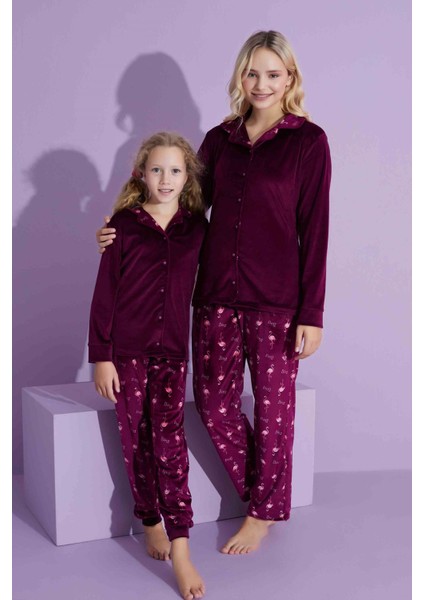 Tarp Bordo Kadife Önden Düğmeli Anne Pijama Takımı 6429-B
