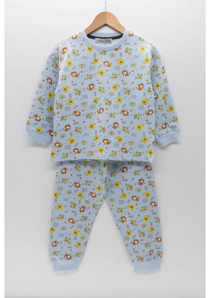 Isob Kedicik Desen Mavi 2ip Fırçalı Kumaş %100 Pamuk Unisex Çocuk Pijama Takımı 3-8 Yaş 12213-M