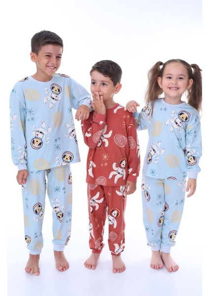 Isob Mavi Astronot Köpek Desenli %100 Pamuk Unisex Çocuk Pijama Takımı 3-8 Yaş 32202-M