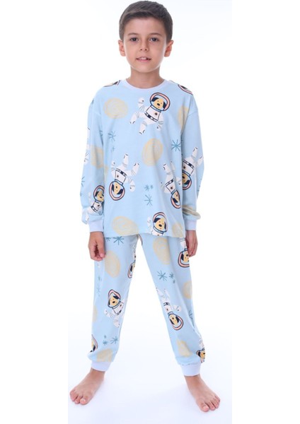 Isob Mavi Astronot Köpek Desenli %100 Pamuk Unisex Çocuk Pijama Takımı 3-8 Yaş 32202-M