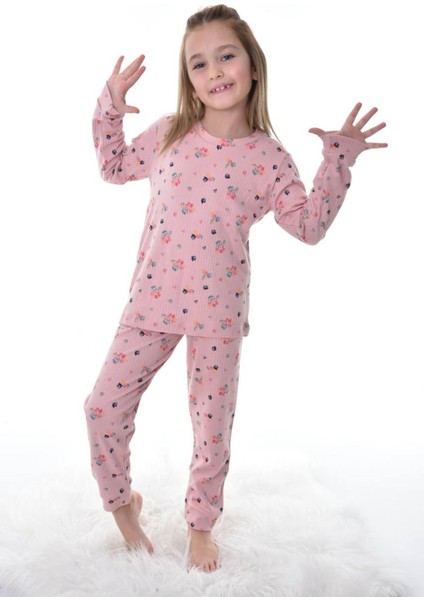 Isob Gül Kurusu Çiçek Desen Fitilli Interlok Kumaş %100 Pamuk Kız Çocuk Pijama Takımı 8-12 Yaş 11316-GK