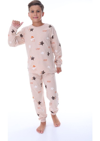 Isob Bej Yıldız Desenli %100 Pamuk Erkek Çocuk Pijama Takımı 8-13 Yaş 36210-B
