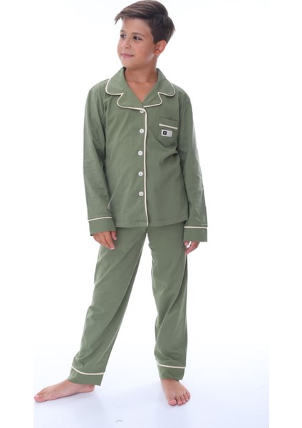 Isob Yeşil Önden Düğmeli %100 Pamuk Erkek Çocuk Pijama Takımı 8-13 Yaş 36201-Y
