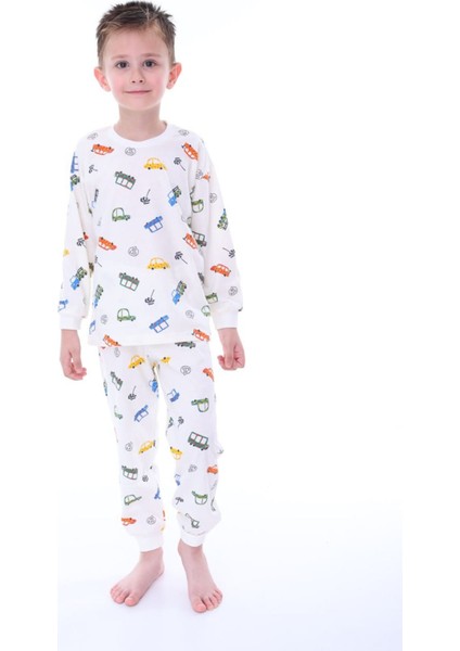 Isob Ekru Araba Desenli %100 Pamuk Erkek Çocuk Pijama Takımı 3-8 Yaş 32218-E