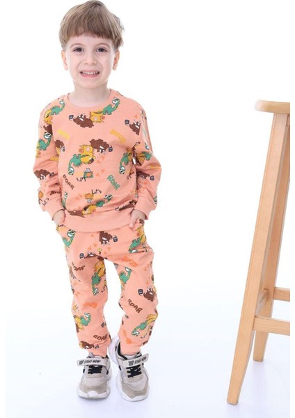 Isob 3lü Dinazor Desenli Kahverengi 2ip Fırçalı Kumaş %100 Pamuk Erkek Çocuk Pijama Takımı 3-8 Yaş 12213-KA