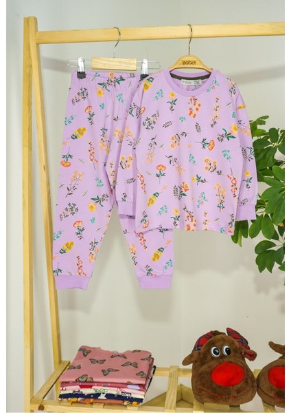 Isob Lila Çiçek Desenli %100 Pamuk Kız Çocuk Pijama Takımı 8-12 Yaş 11301-L