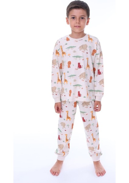 Isob Bej Hayvanlar Alemi Desenli %100 Pamuk Erkek Çocuk Pijama Takımı 3-8 Yaş 32211-B