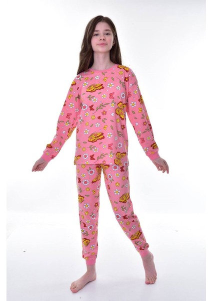 Isob Pembe Kelebek Desenli %100 Pamuk Kız Çocuk Pijama Takımı 3-12 Yaş 21242-P