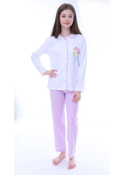Isob Lila Önden Düğmeli %100 Pamuk Kız Çocuk Pijama Takımı 8-13 Yaş 35202-L