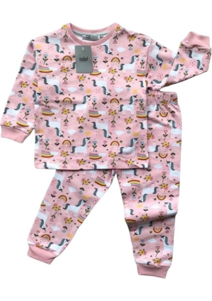 Isob Unicorn Desenli Pembe 2ip Fırçalı Kumaş %100 Pamuk Kız Çocuk Pijama Takımı 3-8 Yaş 11221-P