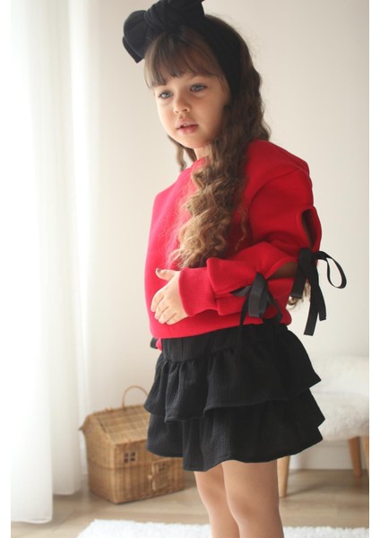 Kız Çocuk Fiyonk Detaylı Etekli Alt Üst Takım Kız Çocuk Takım Etek Sweat Takım