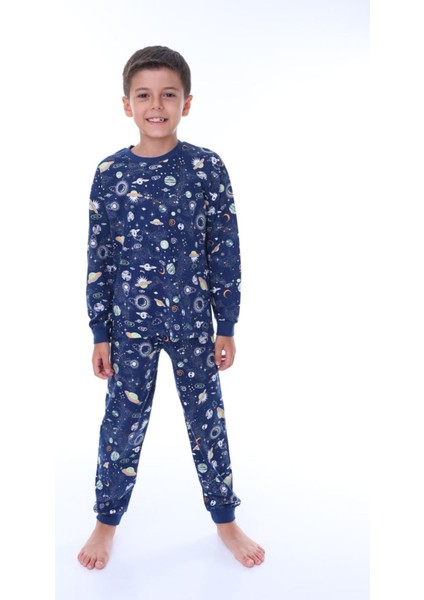 Isob Lacivert Uzay Desenli %100 Pamuk Erkek Çocuk Pijama Takımı 3-8 Yaş 32210-L