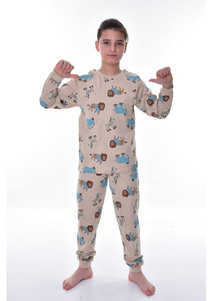 Isob Bej Hayvanlar Alemi Desenli %100 Pamuk Erkek Çocuk Pijama Takımı 3-12 Yaş 22219-B