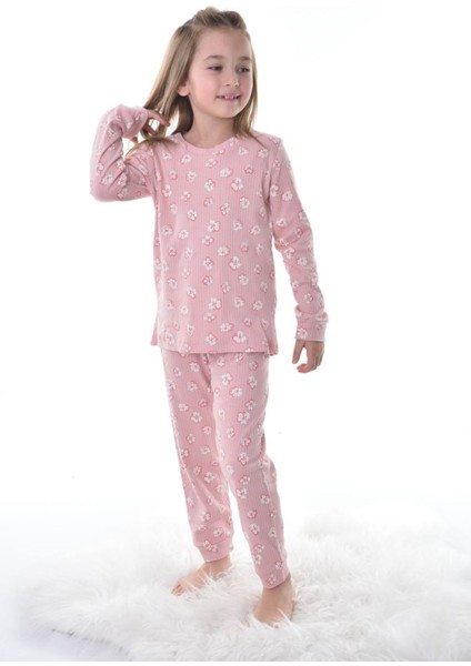 Isob Gül Kurusu Çiçek Desen Fitilli Interlok Kumaş %100 Pamuk Kız Çocuk Pijama Takımı 8-12 Yaş 11317-GK