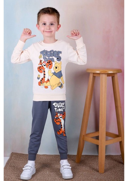 Pjk2i Tiger Winnie Pooh Desenli Füme 2 Ip %100 Pamuk Erkek Çocuk Eşofman Takımı 3-10 Yaş 7243-F
