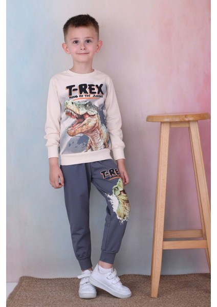 Pjk2i T-Rex Desenli Füme 2 Ip %100 Pamuk Erkek Çocuk Eşofman Takımı 3-10 Yaş 7257-F