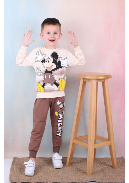 Pjk2i Mickey Mouse Desenli Kahverengi 2 Ip %100 Pamuk Erkek Çocuk Eşofman Takımı 3-10 Yaş 7238-K