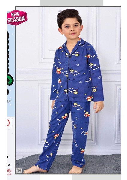 Pjk Kepçe Desenli Lacivert Uzun Kollu Önden Düğmeli Erkek Çocuk Pijama Takımı 4-12 Yaş 710U